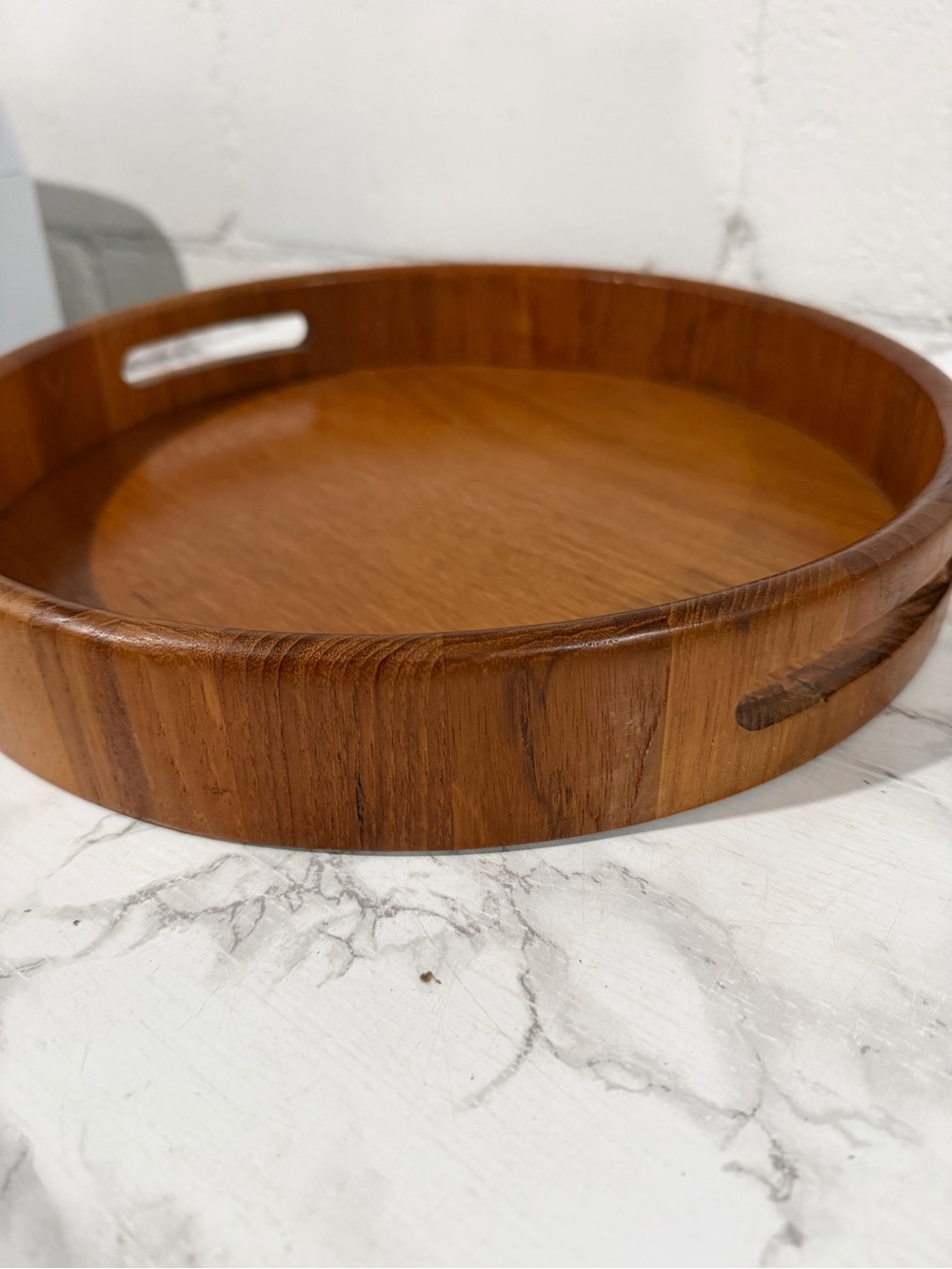 Round Wooden Serving Teak Tray - Warm Wood Tone